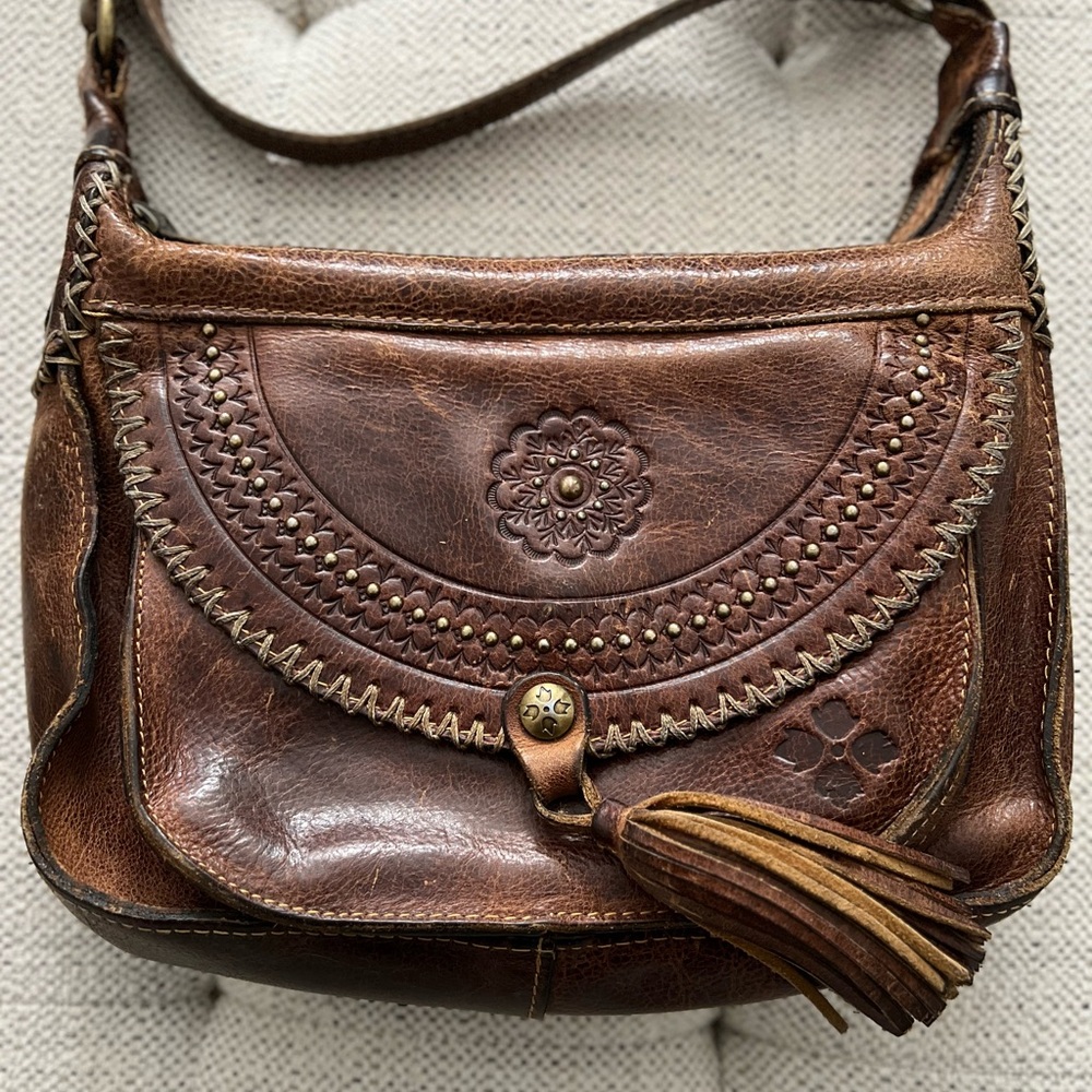 Patricia Nash Tooled Leather Brown Adjustable Beaumont Flap Boho Crossbody Bag - Picture 3 of 11